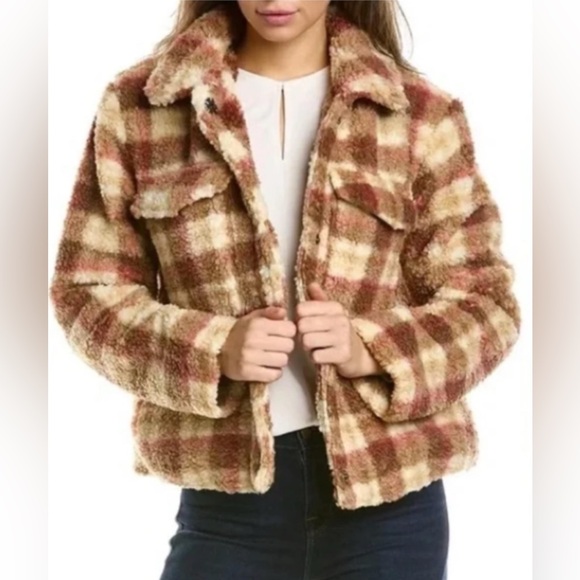 Avec Les Filles Plaid Faux Sherpa Shearling Teddy Shirt Jacket Size Large - Picture 1 of 9